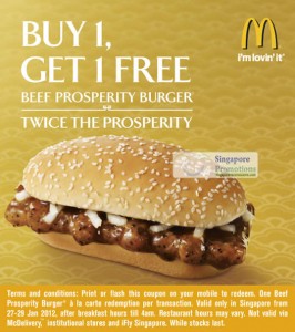 Featured image for McDonald’s Singapore Beef Prosperity Burger 1-for-1 Coupon 27 – 29 Jan 2012