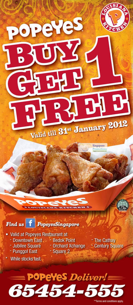 Featured image for Popeyes Singapore Drumlets 1-for-1 Coupon 12 – 31 Jan 2012