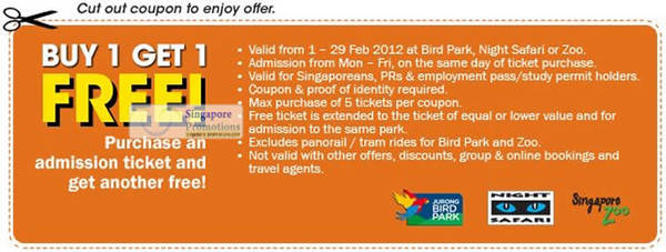 Featured image for Singapore Zoo, Jurong Bird Park & Night Safari 1-for-1 Promotion 1 – 29 Feb 2012