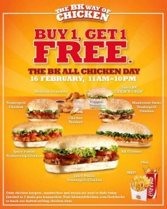Featured image for Burger King Singapore Buy 1 Get 1 Free Chicken Burgers, Sandwiches & Meals Promotion 16 Feb 2012