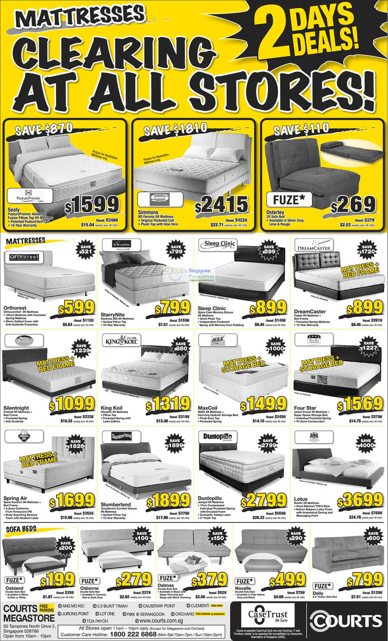 Mattresses, Sealy, Simmons, Fuze, Sleep Clinic, Starry Nite, King Koil, Slumberland, Fuze Sofa Beds