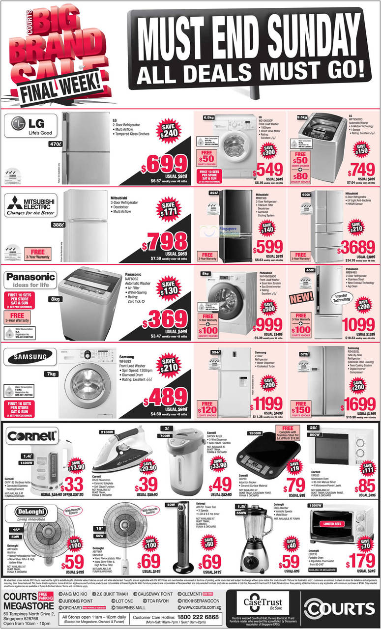 Fridges, Washers, Microwave Oven, Stand Fan, Blender, LG, Mitsubishi Electric, Panasonic, Samsung, Cornell, Delonghi