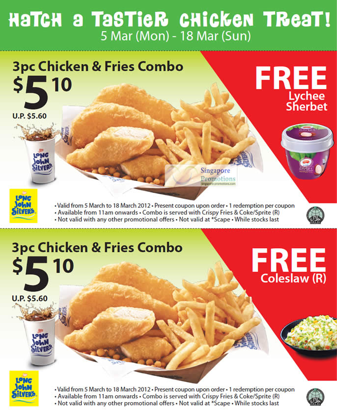 Long John Silver Singapore $5.10 For 3pc Chicken & Fries With Free ...