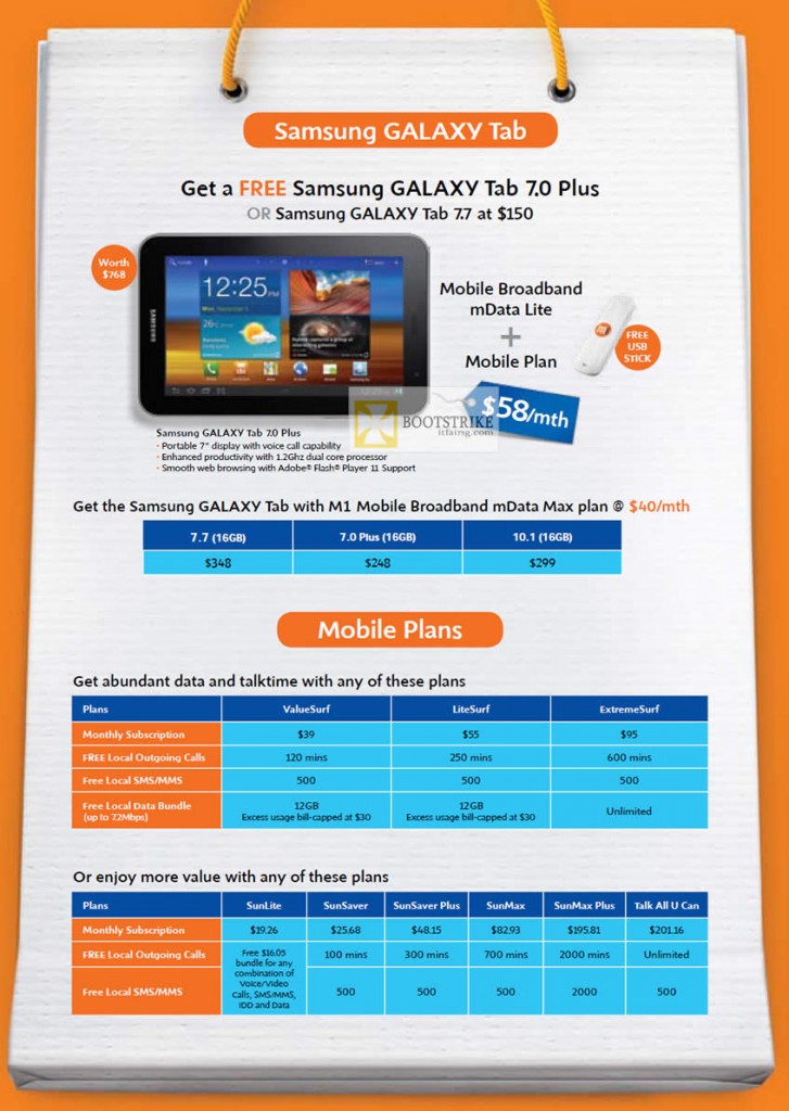 M1 Mobile Broadband mData Lite Free Samsung Galaxy Tab 7.0 Plus, Galaxy Tab 7.7, Mobile Plans, ValueSurf, LiteSurf, SunLite, SunSaver