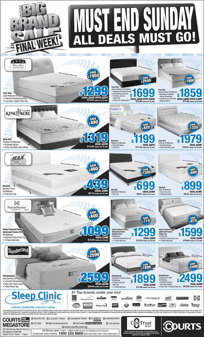 Mattresses, Four Star, King Koil, Max Coil, PosturePremier, Slumberland