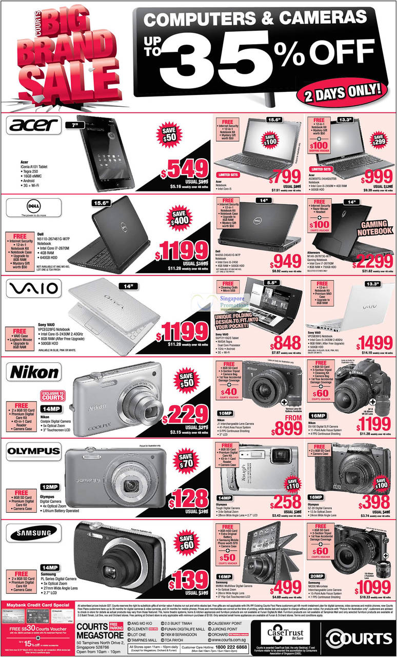 Notebooks, Acer, Dell, Sony Vaio, Digital Cameras, Nikon, Olympus, Samsung