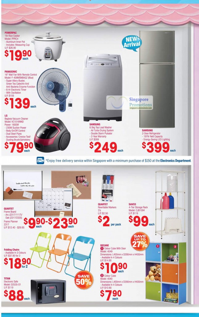 Samsung Fridge, Washer, LG Vacuum Cleaner, Panasonic Wall Fan