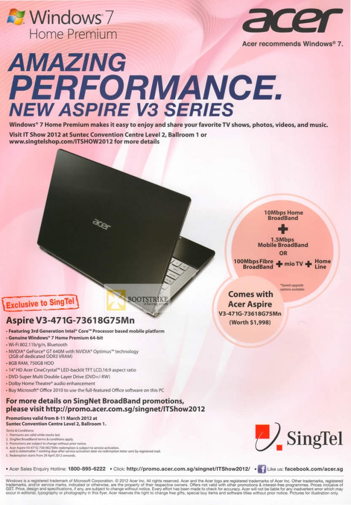 Singtel Acer Aspire V3-471G-73618G75Mn Notebook Specifications