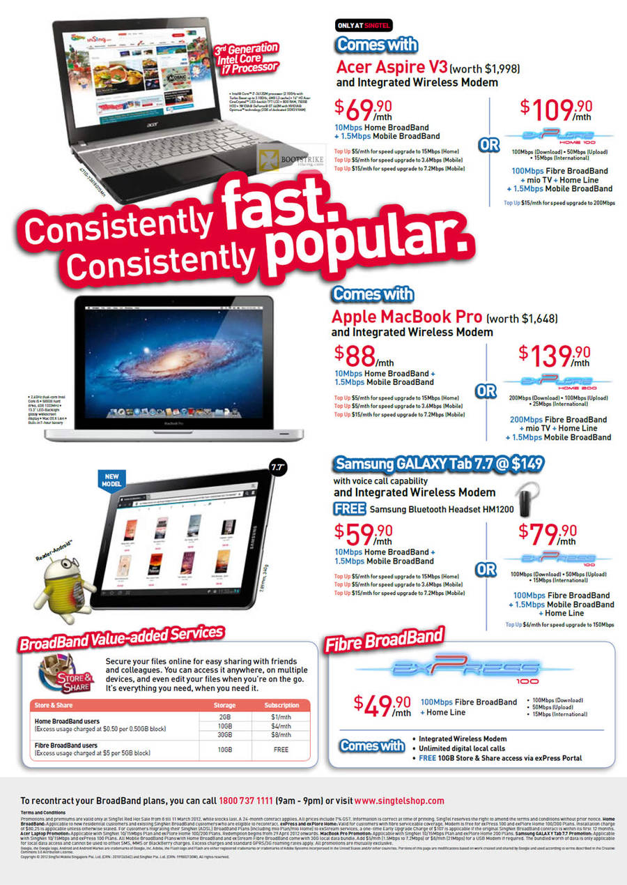 Singtel Broadband Acer Aspire V3, Apple Macbook Pro, Samsung Galaxy Tab 7.7, Fibre Express 100