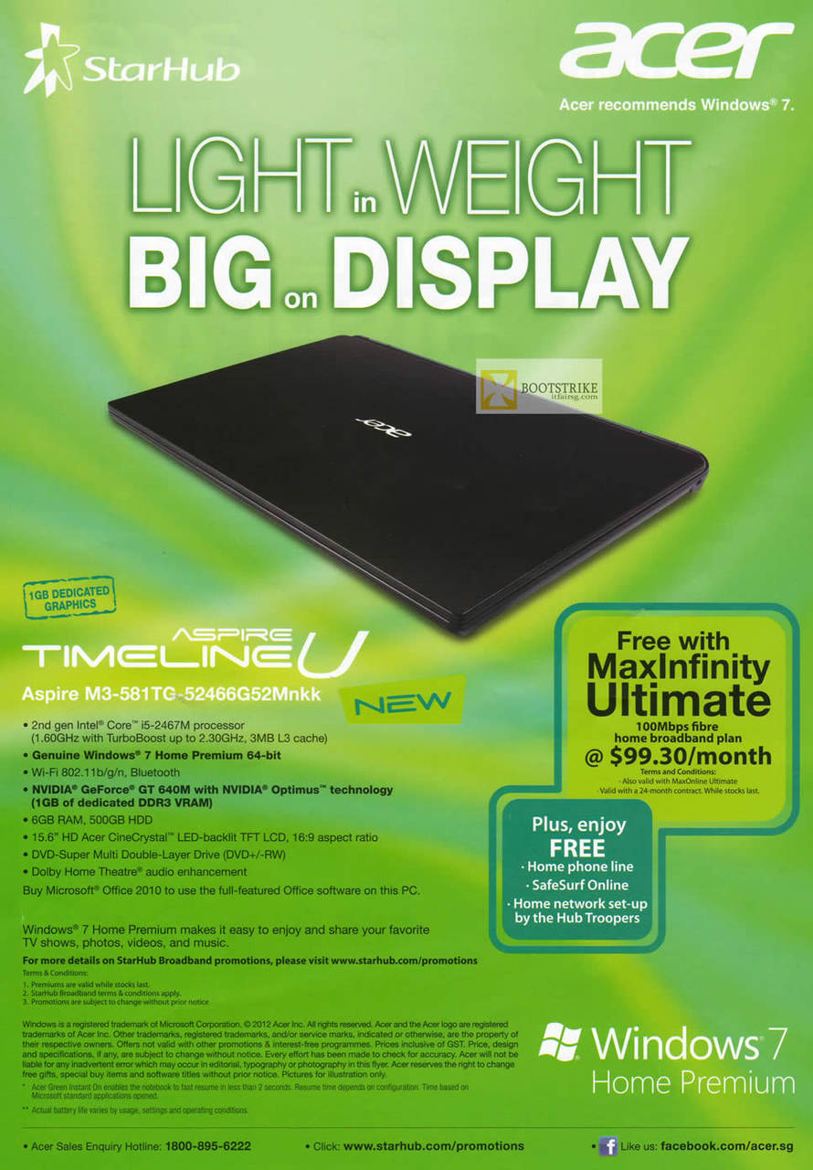 Starhub Acer Aspire Timeline U Ultrabook Notebook M3-581TG-52466G52MnKK Specifications, MaxInfinity Ultimate Fibre Broadband