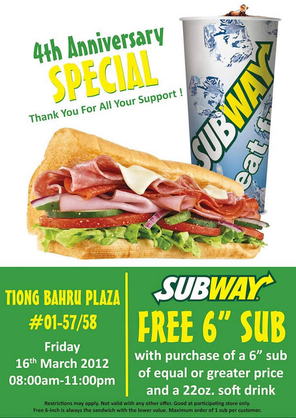 Featured image for (EXPIRED) Subway 1 For 1 Promotion @ Tiong Bahru Plaza 16 Mar 2012