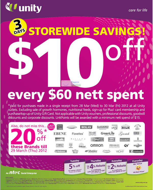 Featured image for (EXPIRED) NTUC Unity $10 Off For Every $60 Nett Spent 28 – 31 Mar 2012