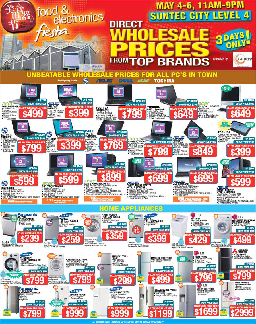 4 May Notebooks, Desktop PCs, HP, Dell, Asus, Acer, Toshiba, Fridges, Washers