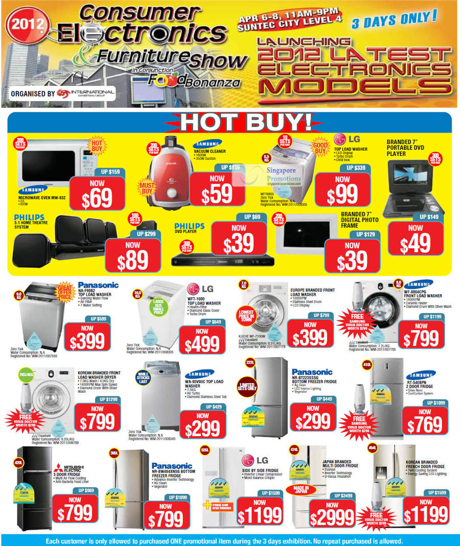 6 Apr Hot Buys, Washers, Fridges, Vacuum Cleaner, Microwave Oven, DVD Player