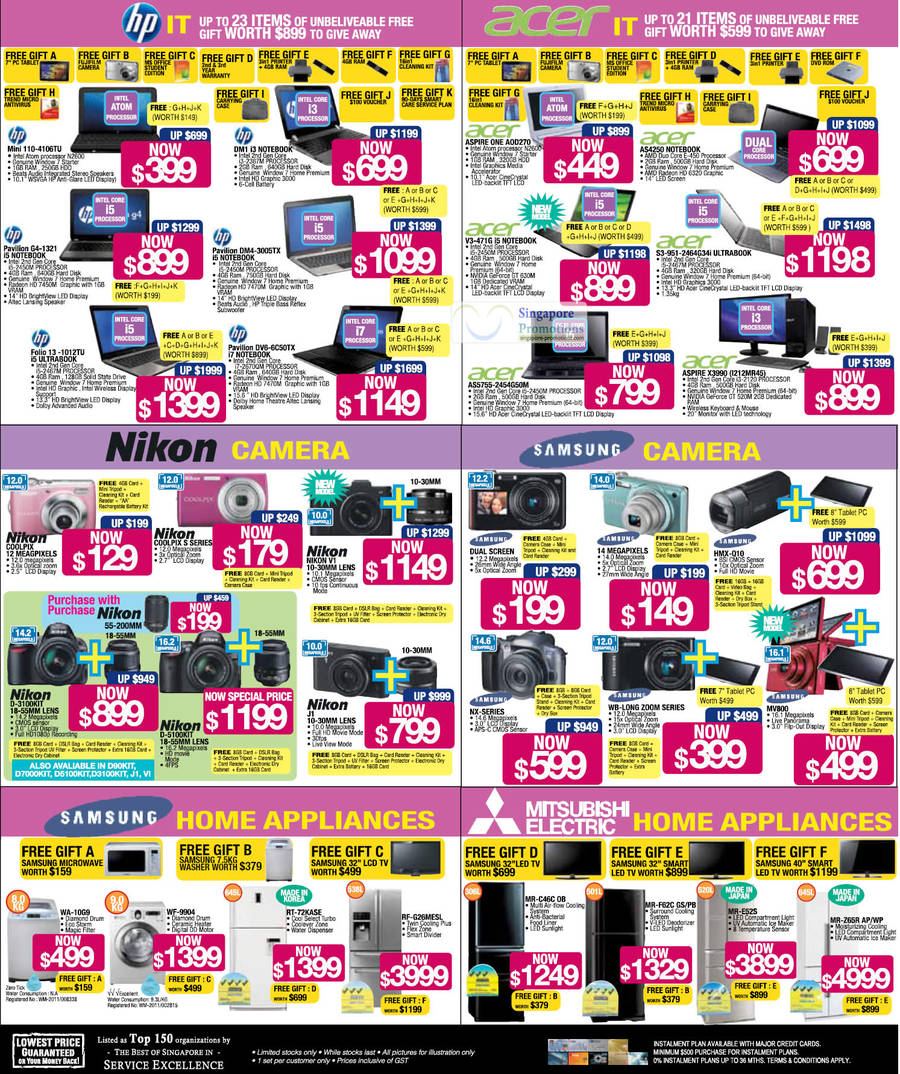 HP Notebooks, Acer Aspire Notebooks, Nikon Cameras, Samsung Camers, Washers, Fridges