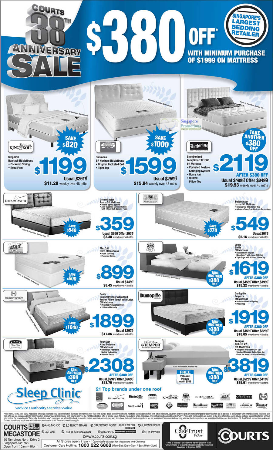 Mattresses, King Koil, MaxCoil, Posture Premier, Four Star, Dunlopillo, Tempur, Simmons