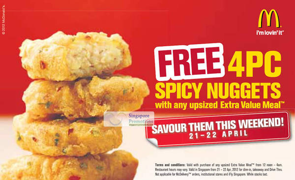 Featured image for (EXPIRED) McDonald’s FREE 4pc Spicy Nuggets With Upsized Extra Value Meal 21 – 22 Apr 2012