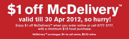 Featured image for (EXPIRED) McDonald’s Singapore McDelivery $1 Off Promotion 12 – 30 Apr 2012