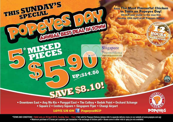 Featured image for (EXPIRED) Popeyes Singapore $5.50 For 5 Mixed Pieces Promotion 29 Apr 2012
