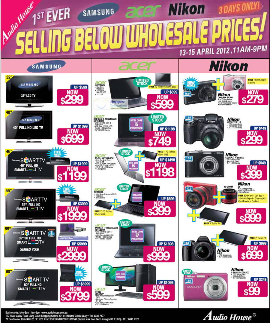 Samsung LCD TVs, LED TVs, Acer Notebooks, Nikon Digital Cameras