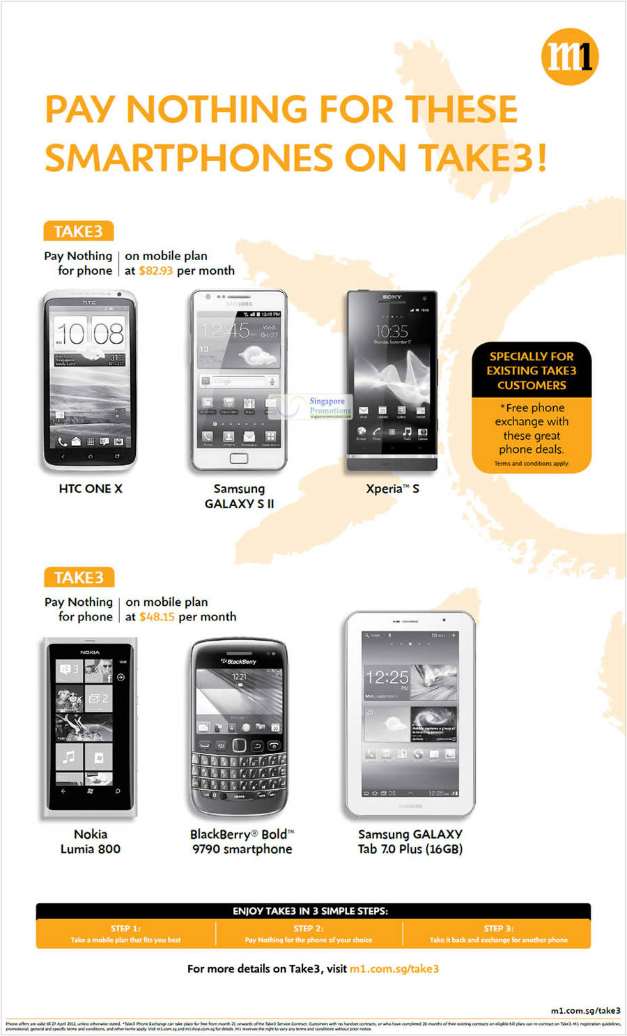 Take 3 Zero Dollar HTC One X, Samsung Galaxy S II, Tab 7.0 Plus, Sony Xperia S, Nokia Lumia 800, Blackberry Bold 9790