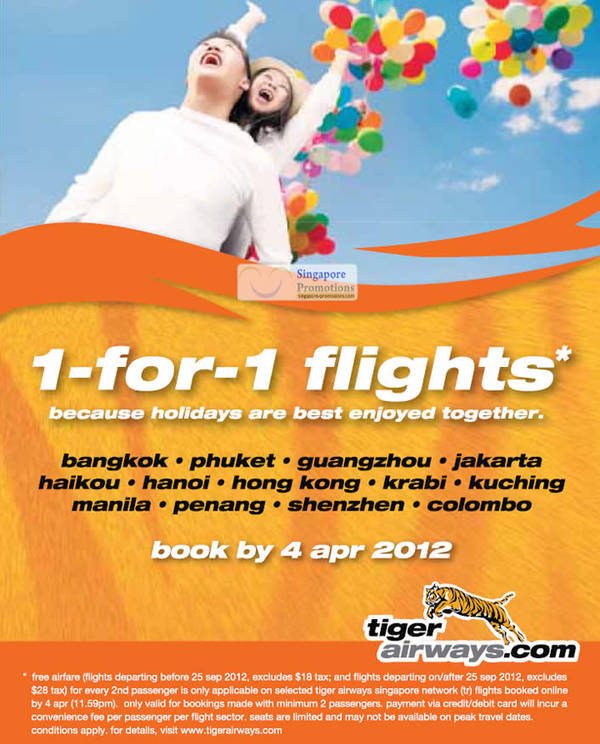 Featured image for (EXPIRED) TigerAir 1 For 1 Flights Promotion 2 – 4 Apr 2012