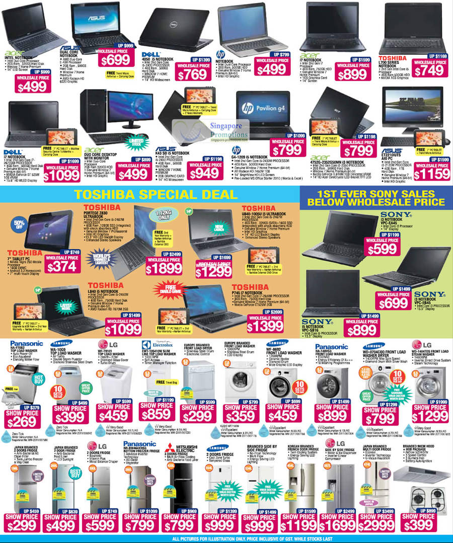 1 Jun Notebooks, Washers, Fridges, Dell, Asus, Acer, HP, Toshiba, Sony, Panasonic,  Samsung, Mitsubishi Electric