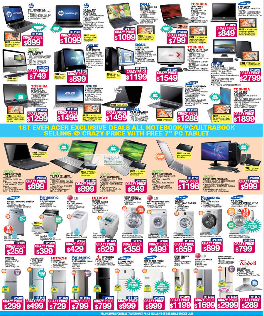 25 May Notebooks, Washers, Fridges, HP, Dell, Toshiba, Samsung, Asus, Acer, LG, Hitachi, Panasonic, Turbo