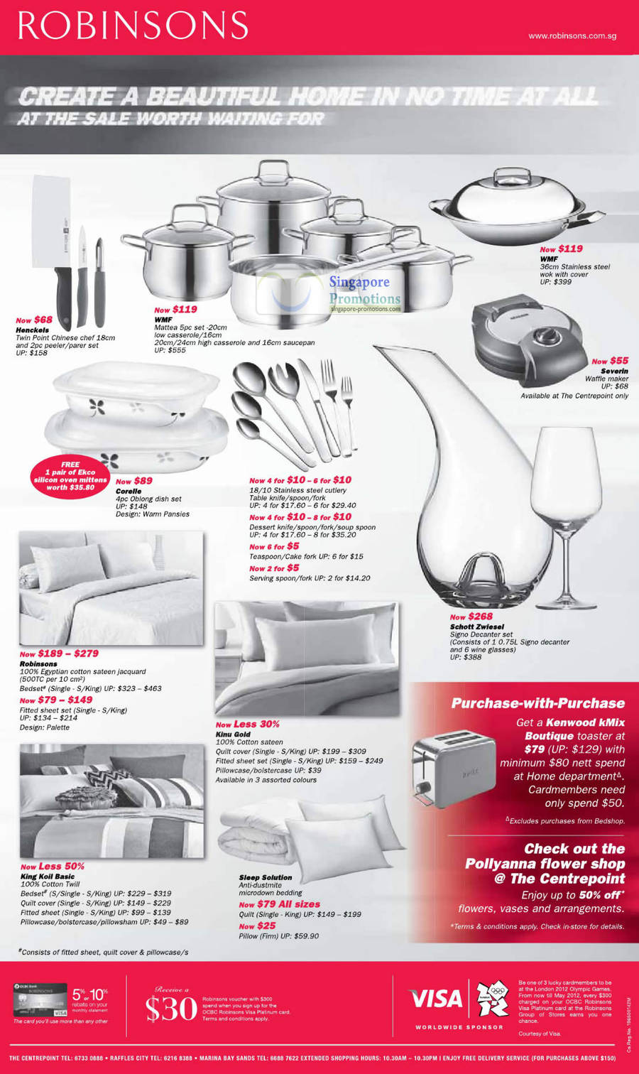 4 May Kitchenware, Henckels, WMF Casseroles, Woks, Severin Waffle Maker, Corelle Dish Sets, Schott Zwiesel Signo Decanter Set