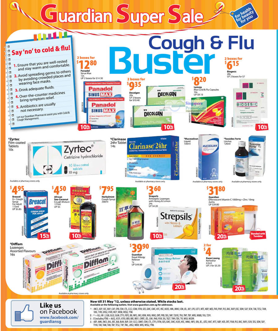 Cough Flu Buster, Zyrtec, Clarinase, Muscoslovan, Nasal Allergy Reliever