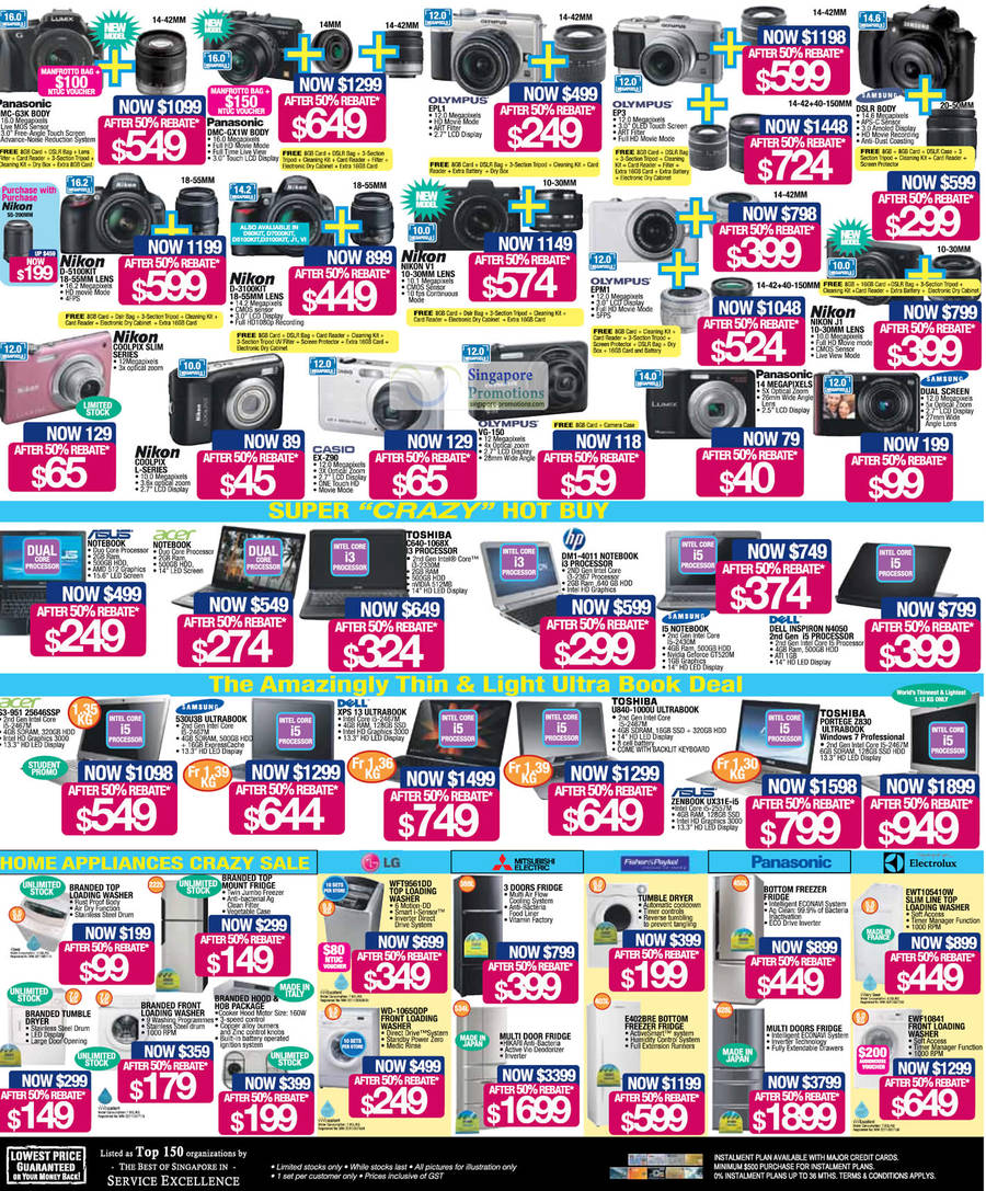 Digital Cameras, Notebooks, Washers, Fridges, Olympus, Nikon, Casio, Panasonic, HP, Toshiba, Asus, Acer, Dell, Mitsubishi Electric, Electrolux, LG