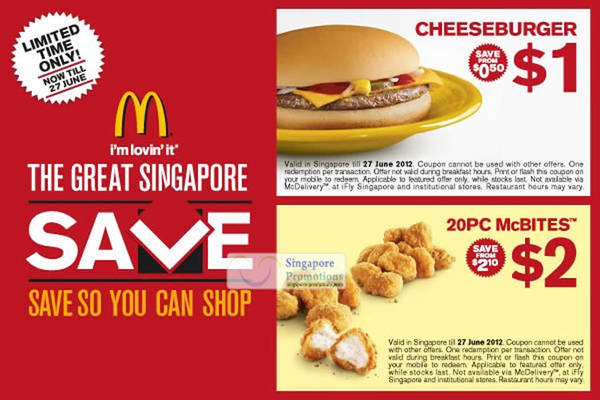 Featured image for McDonald’s Singapore $1 Cheeseburger / $2 20pc McBites Coupon 21 – 27 Jun 2012