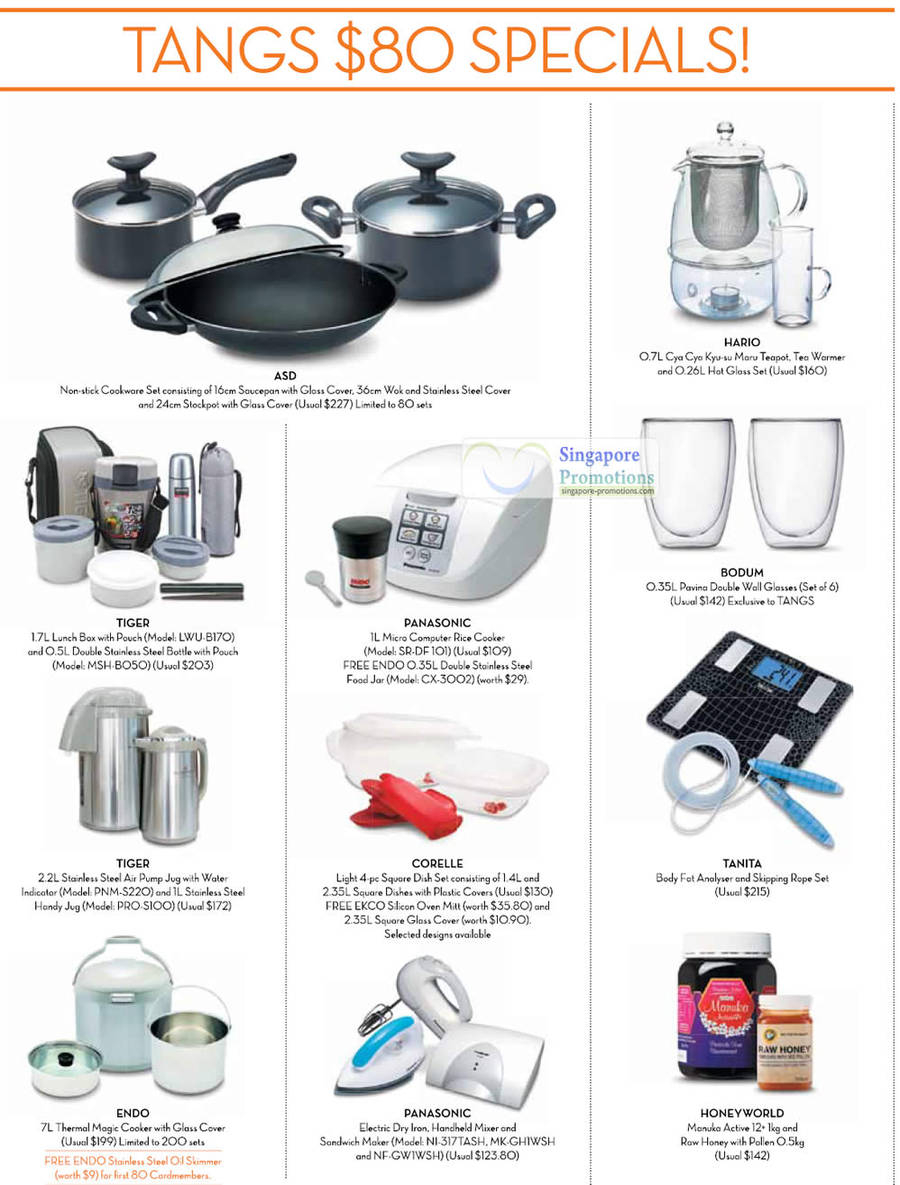 Panasonic Rice Cooker, Tiger Lunch Box, Bodum Wall Glasses, Tanita, Tiger Air Pot, Corelle Dish Set