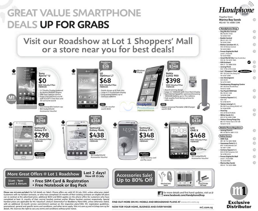 Handphone Shop Sony Xperia U, LG Optimus L7, Nokia Lumia 900, Samsung Galaxy S II, Note, S III, HTC One X