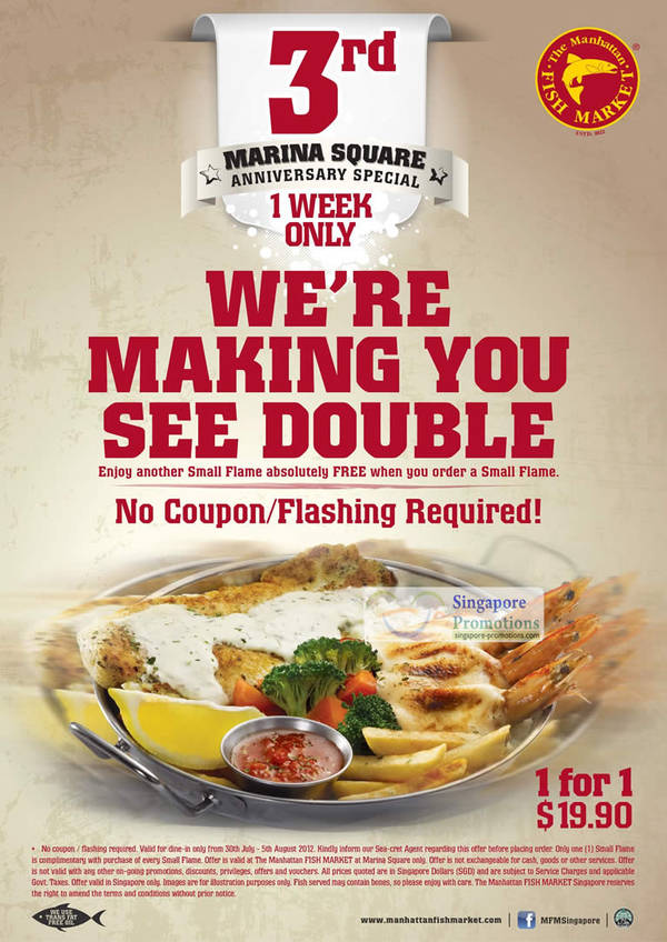 Featured image for Manhattan Fish Market Singapore Small Flame 1 For 1 Promotion @ Marina Square 30 Jul – 5 Aug 2012