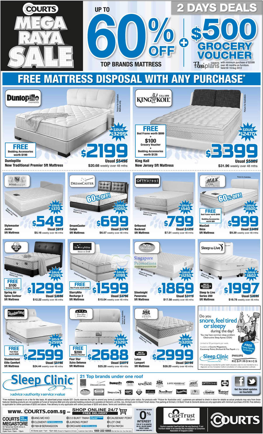 Mattresses, Dunlopillo, King Koil, Max Coil, Orthorest, Sleep to Live, Dream Caster, Spring Air, Slumberland, Four Star