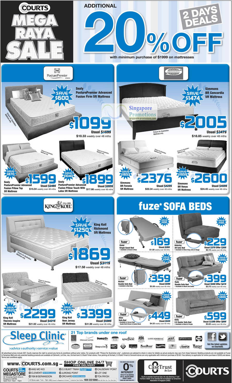 Mattresses Sealy Posture Premier, Simmons, King Koil, Fuze Sofa Beds