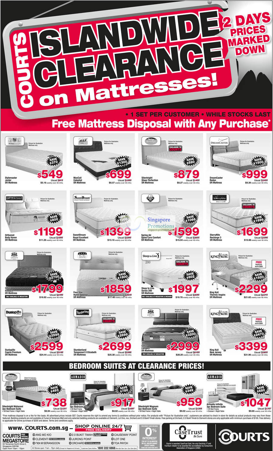 Mattresses, Stylemaster, Maxcoil, Silentnight, DreamCaster, Starrynite, Spring Air, Sweetdream, Orthorest, Sleep to Live, Lotus, Dunlopillo