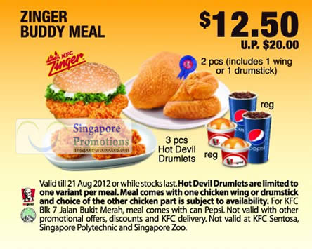 Featured image for KFC Singapore Chicken, Zinger Burger & Hot Devils Drumlets Dine-In Coupons 9 Jul - 21 Aug 2012