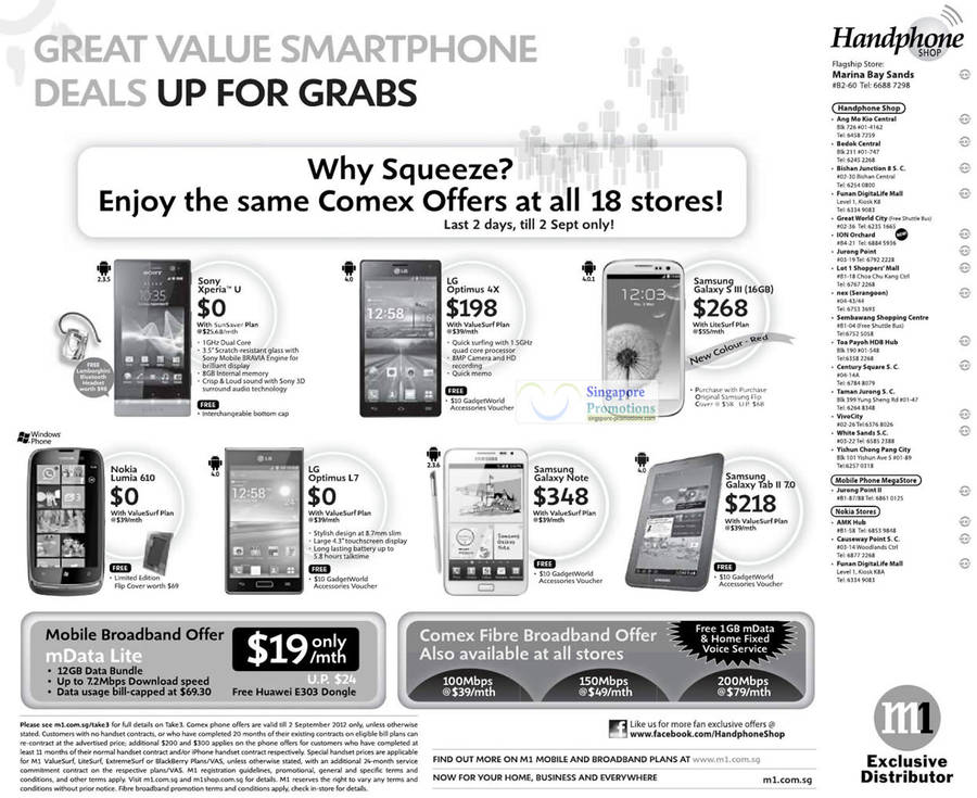 1 Sep Handphone Shop Sony Xperia U, LG Optimus 4X, L7, Samsung Galaxy S III, Note, Tab 2 7.0, Nokia Lumia 610