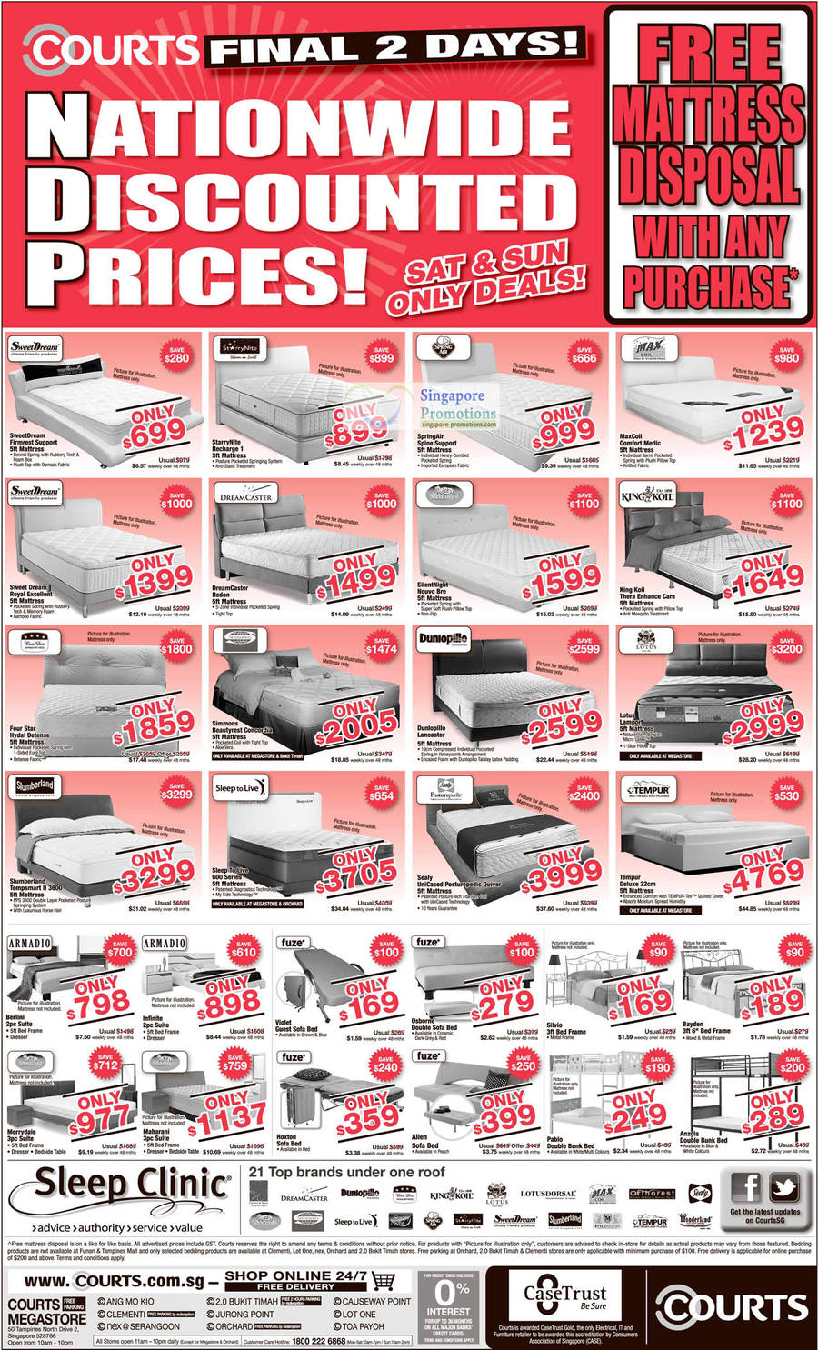 Mattresses, Dreamcaster, Sleep to Live, Four Star, Simmons, Silentnight, King Koil, Spring Air, Max Coil, Tempur, Sealy, Slumberland