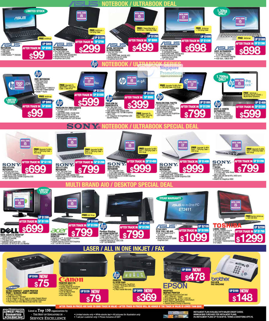 Notebooks, Ultrabooks, Desktop PCs, Printers, Asus, HP, Sony, Dell, Acer, Toshiba, Brother, Epson, Canon