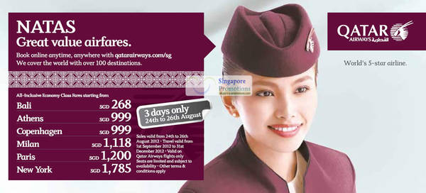 Featured image for (EXPIRED) Qatar Airways NATAS Great Value Air Fares Promotion 24 – 26 Aug 2012