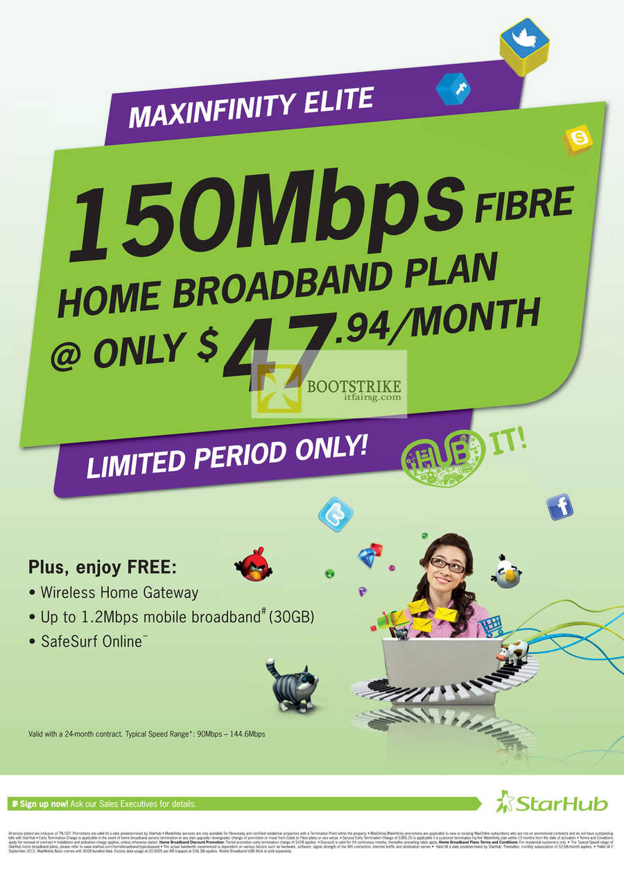 Starhub Broadband 47.94 Fibre 150Mbps, Free Gateway, 1.2Mbps Mobile Broadband, SafeSurf Online