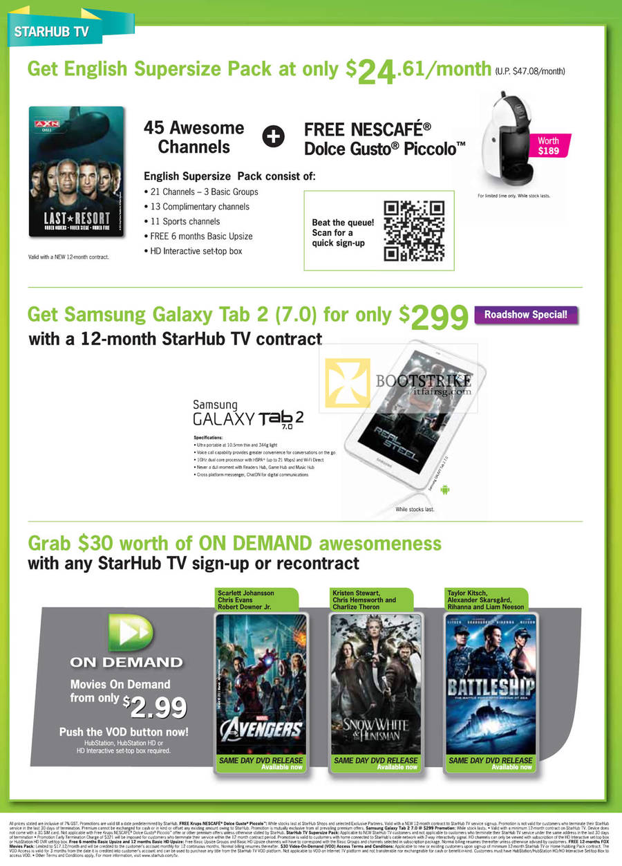 TV English Supersize Pack, Free Nescafe Dolce Gusto Piccolo, Samsung Galaxy Tab 2 7.0, On demand