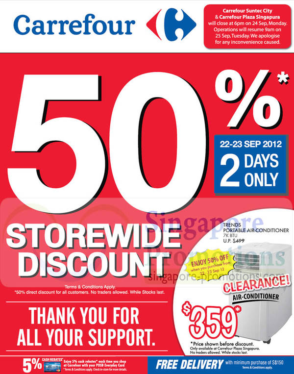 Featured image for (EXPIRED) Carrefour 50% Off Storewide Discount Promotion @ Suntec & Plaza Singapura 22 – 23 Sep 2012