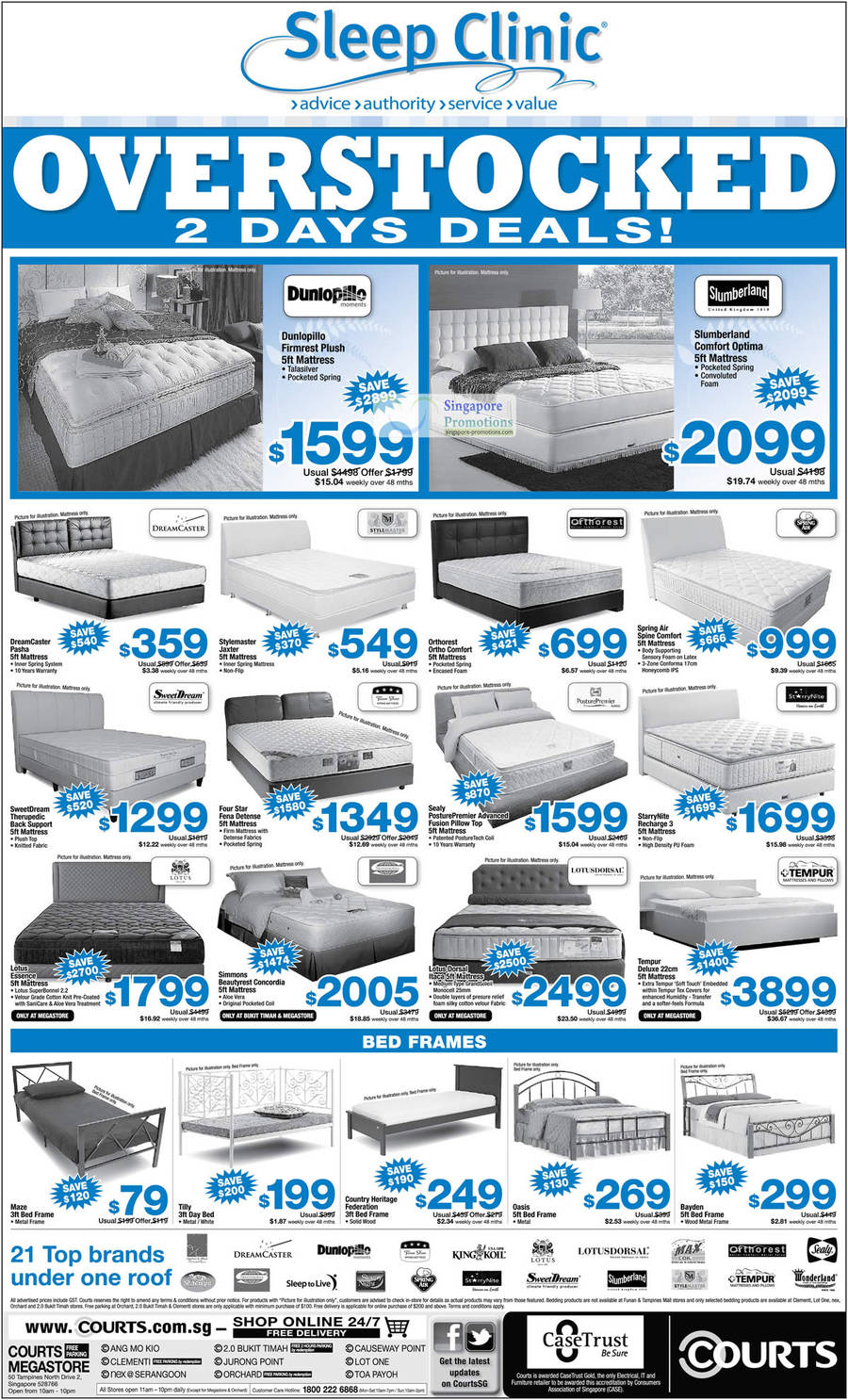 Mattresses, Bed Frames, Dunlopillo, Dreamcaster, Stylemaster, Fourstar, Lotus, Simmons, Sealy, Starrynite