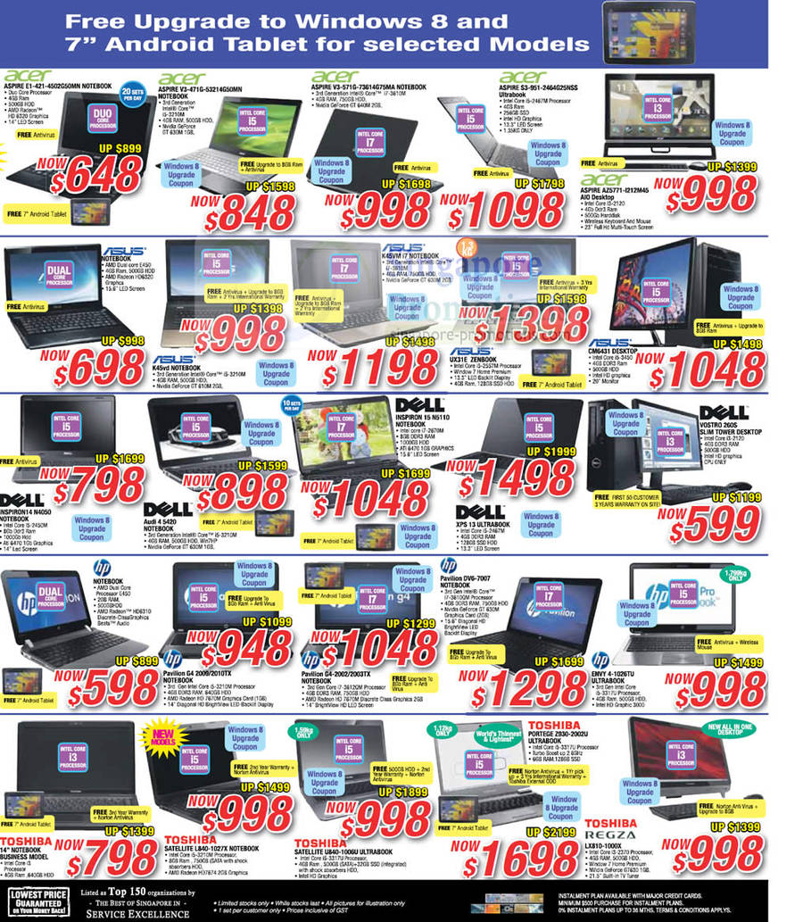 Notebooks, AIO Desktop PC, Acer Aspire, Asus, Dell, HP, Toshiba