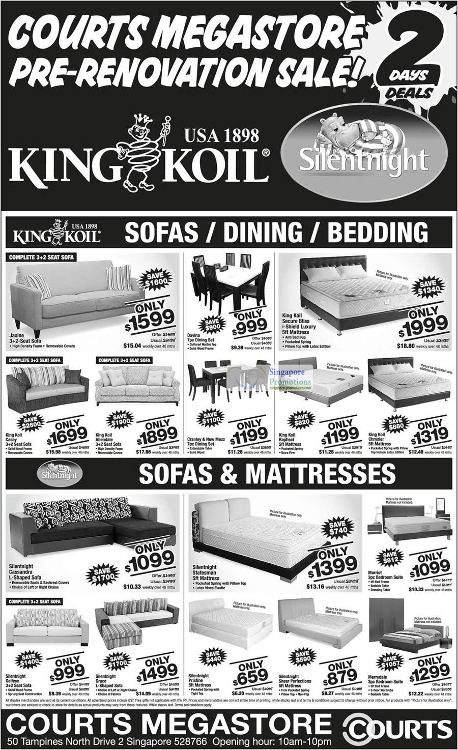 Sofa Sets, Mattresses, Dining Sets, Jaxine, King Koil, Silentnight, Davina, Cranley