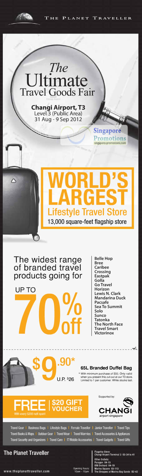 Featured image for The Planet Traveller Ultimate Travel Goods Fair Up To 70% Off @ Changi Airport 31 Aug – 9 Sep 2012